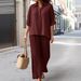 Women's Clothing Spring And Autumn New Cotton And Linen Solid Color Shirt Wide Leg Pants Two Piece Set_ecoleips.com