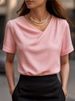 Women's Casual V-Neck Short Sleeve Loose Fit Pullover T-Shirt - Breathable Waffle Knit Fabric(White, Gray, Beige, Pink) - S-XXXL_ecoleips.com