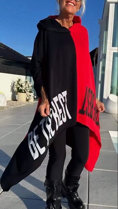 Women's Clothing Hooded Long Sleeved Font Printing Contrast Color Long Casual Top_ecoleips.com