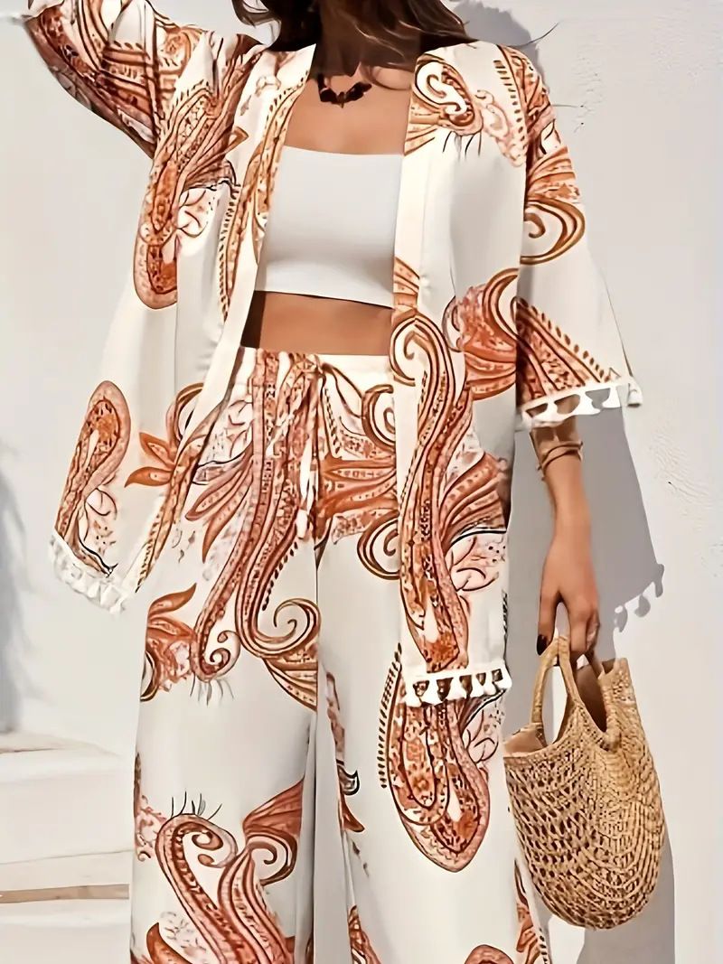 Women's Clothing Printed Holiday Suit Tassel Hem Cardigan And Wide Leg Pants Suit_ecoleips.com