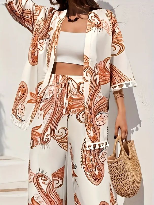 Women's Clothing Printed Holiday Suit Tassel Hem Cardigan And Wide Leg Pants Suit_ecoleips.com
