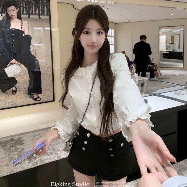 Korean-style Lace White Long-sleeve Shirt New Spring Model, Layered Pure Cotton Shirt, Short Top Petite Women, Suitable_ecoleips.com