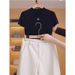 Women's French Style Camellia T-Shirt High Neck Short Sleeve Elegant Versatile Slimming Ice Silk Knit Top For Summer_ecoleips.com