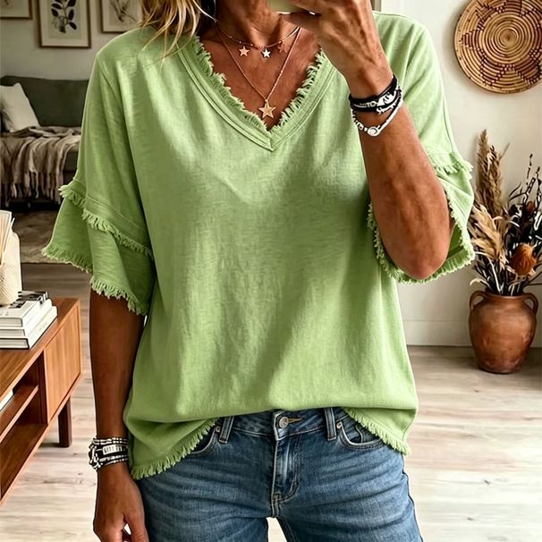 Summer Women's V Neck Short Sleeve T-Shirt Loose Fit Casual Top In Solid Colors Fashion_ecoleips.com