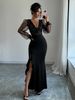 Women's Clothing Knitted Dress Elegant Sexy V Neck High Waist Slim Fit Sequined Splicing Elastic Long Skirt_ecoleips.com