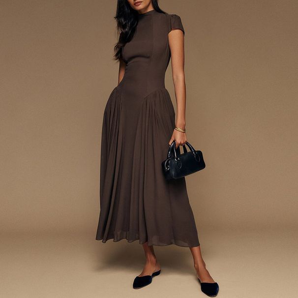 French Elegant Stand Collar A-Line Party Dress Spring Solid High Waist Pleated Long Dress Summer Short Sleeve Women's Maxi Dress_ecoleips.com