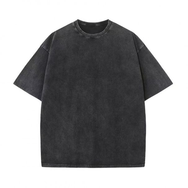 Washed Black Vintage Style Trendy Summer 220g Combed Cotton Back Collar Loose Basic Round Neck High Street T-Shirt_ecoleips.com