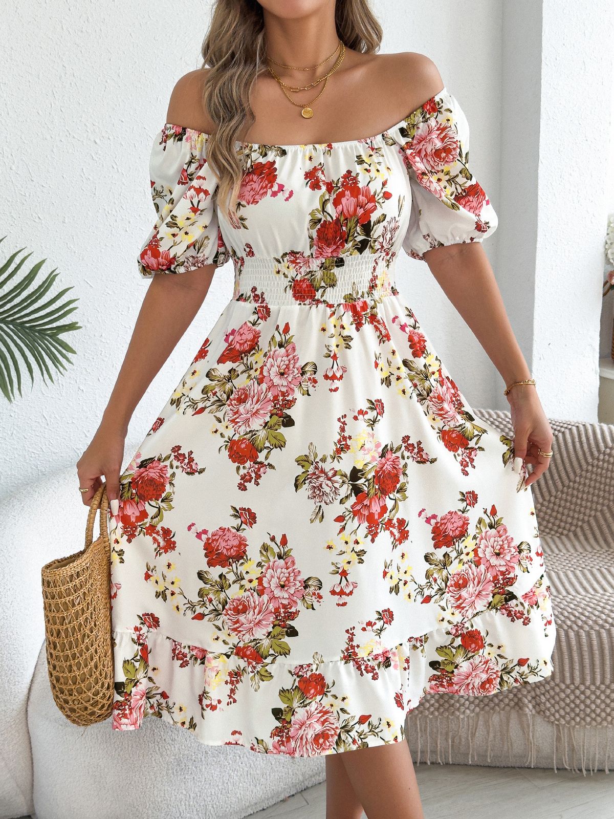 2026 Spring/Summer European And American Floral Off-Shoulder Short-Sleeve Ruffle A-Line Vacation Dress_ecoleips.com