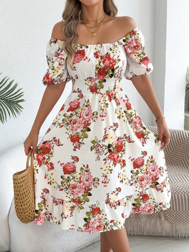 2026 Spring/Summer European And American Floral Off-Shoulder Short-Sleeve Ruffle A-Line Vacation Dress_ecoleips.com