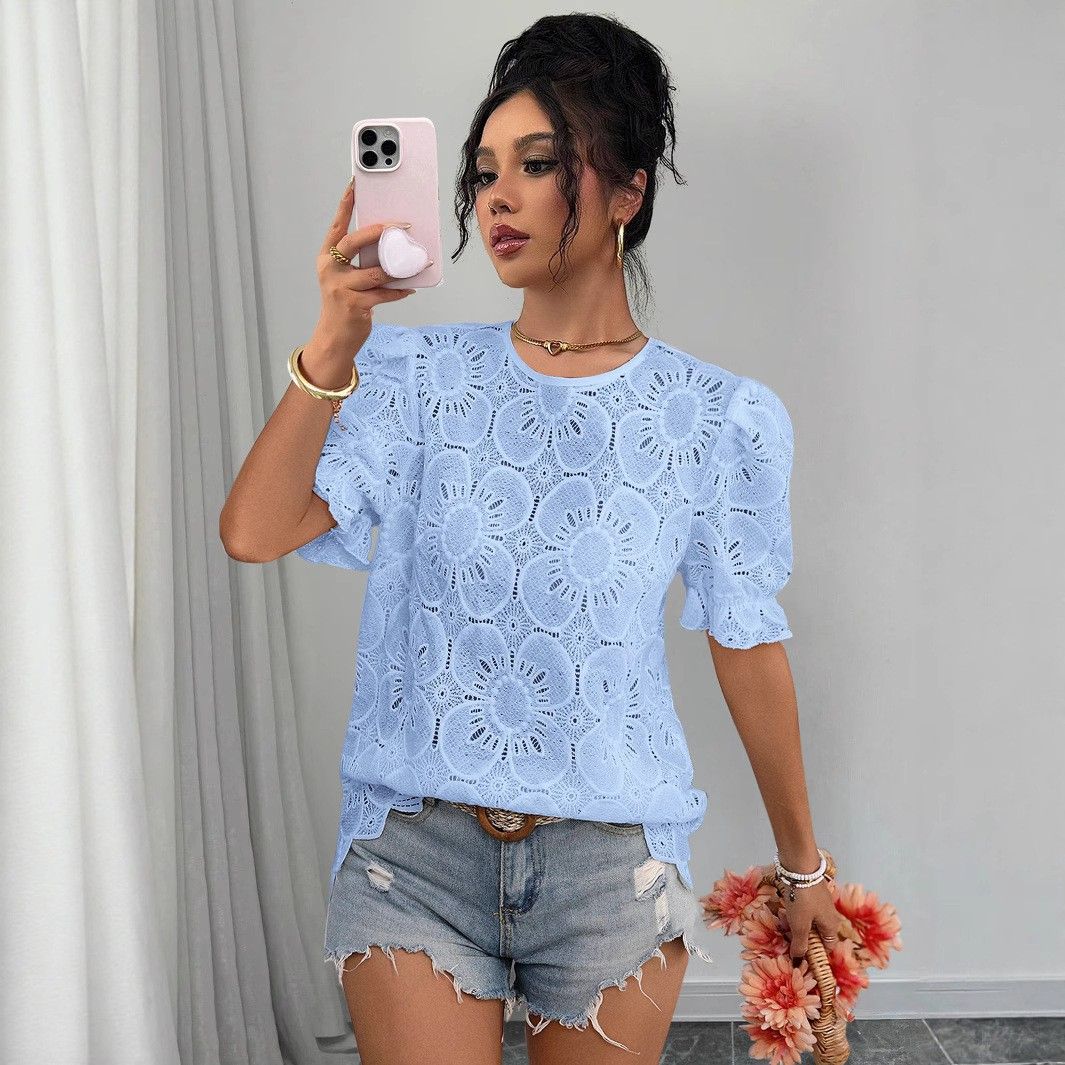Women's Casual Lace Bubble Short Sleeve Shirt Top Hollowed Out Design Summer Fashion_ecoleips.com
