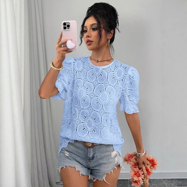 Women's Casual Lace Bubble Short Sleeve Shirt Top Hollowed Out Design Summer Fashion_ecoleips.com