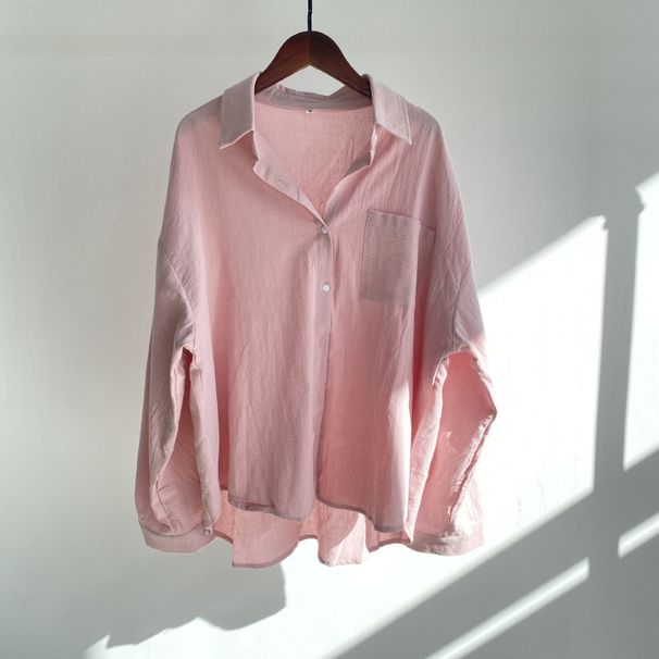 Women's Clothing Spring And Summer Lapel Solid Color Cotton And Linen Tops Loose Fashion Casual Shirts For Women_ecoleips.com