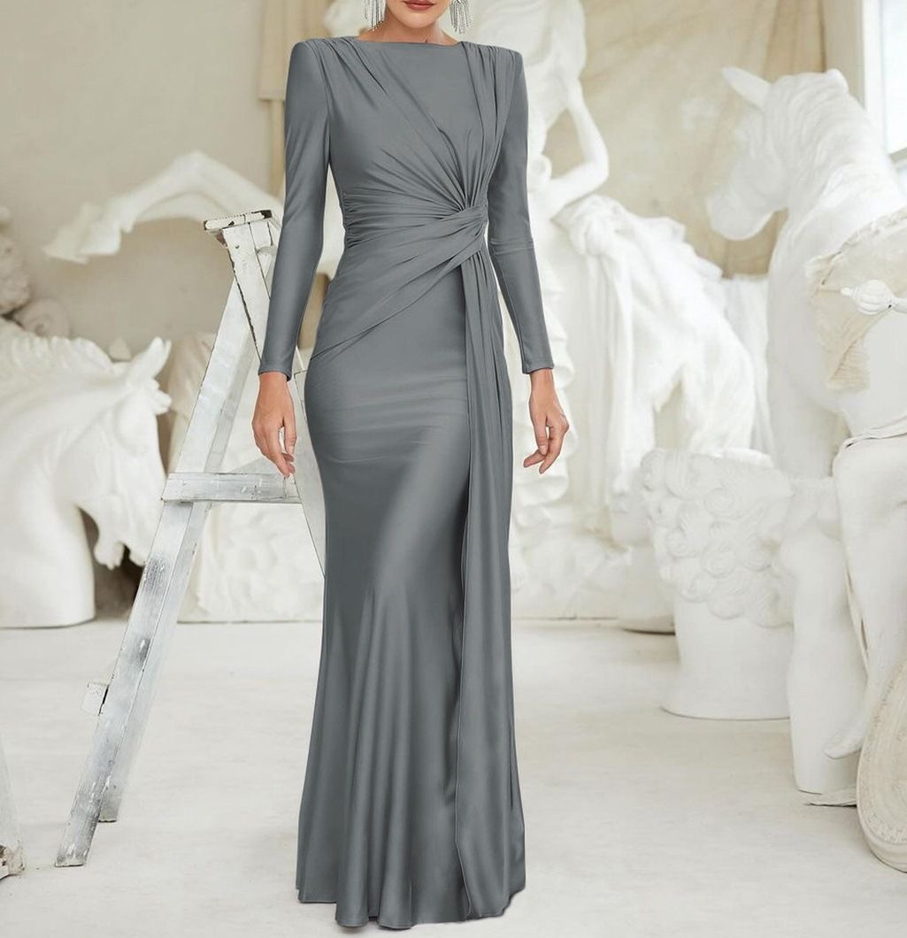 Elegant Long Sleeve Evening Dress – Slim Fit Round Neck Party Gown For Women_ecoleips.com