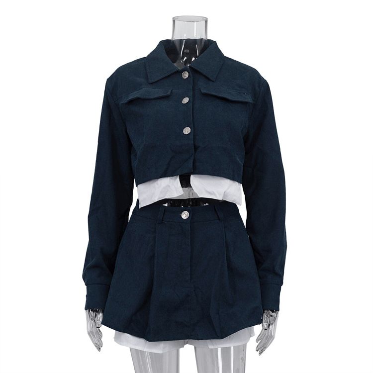 Color Block Faux Wrap Skirt Set European American Street Style Long Sleeve Short Top Two Piece Women's Clothing_ecoleips.com