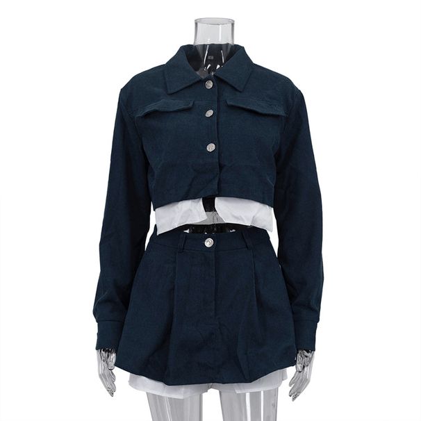 Color Block Faux Wrap Skirt Set European American Street Style Long Sleeve Short Top Two Piece Women's Clothing_ecoleips.com