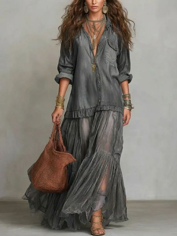 Women's Retro Lapel Faux Denim Long Dress With Pockets_ecoleips.com