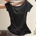 2025 Summer New Pure Sweet And Spicy Short Lace Lotus Leaf Edge Letter Bead Oblique Neck Top_ecoleips.com