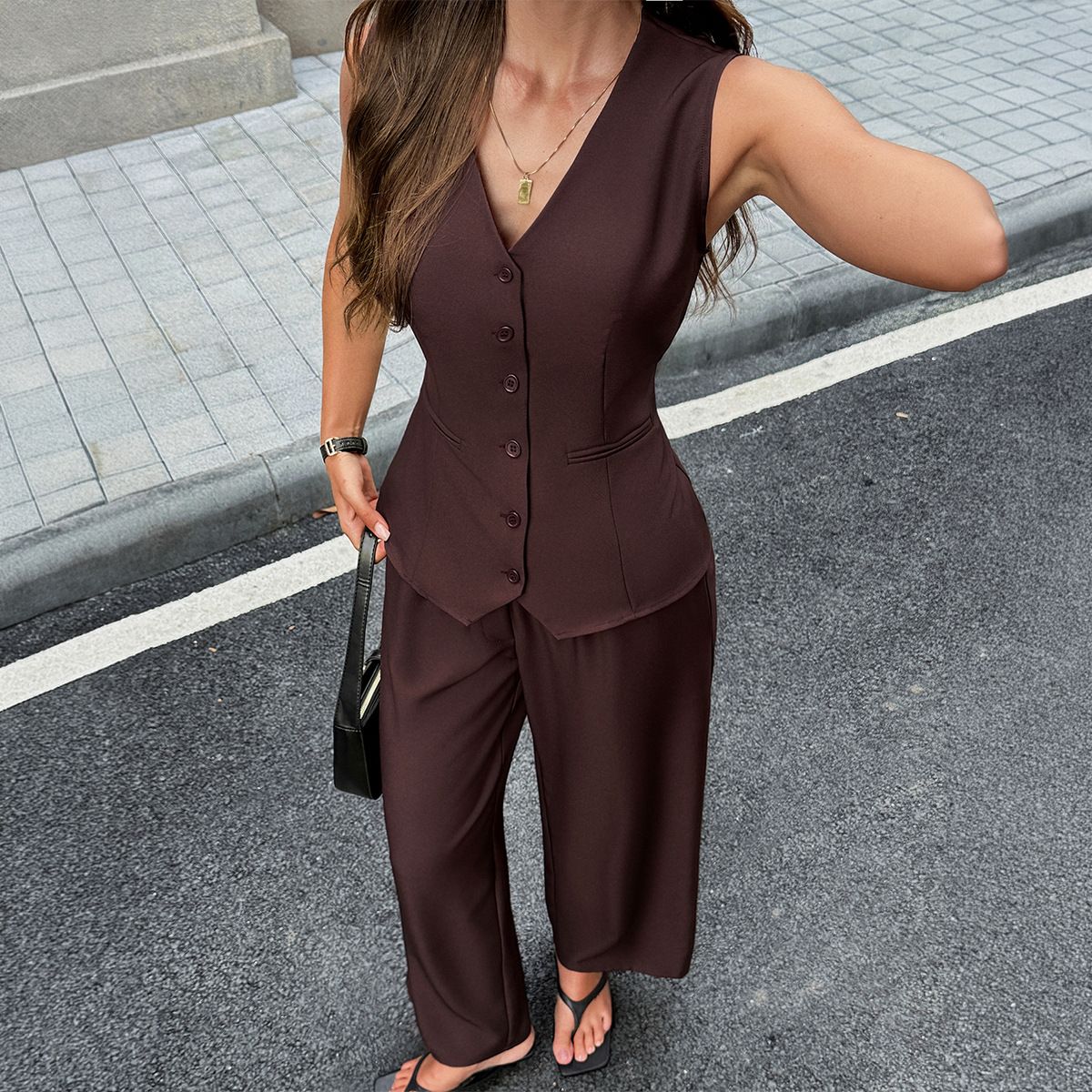 Women's French Style Clothing Set Spring Summer Sleeveless Vest High Waisted Wide Leg Pants_ecoleips.com