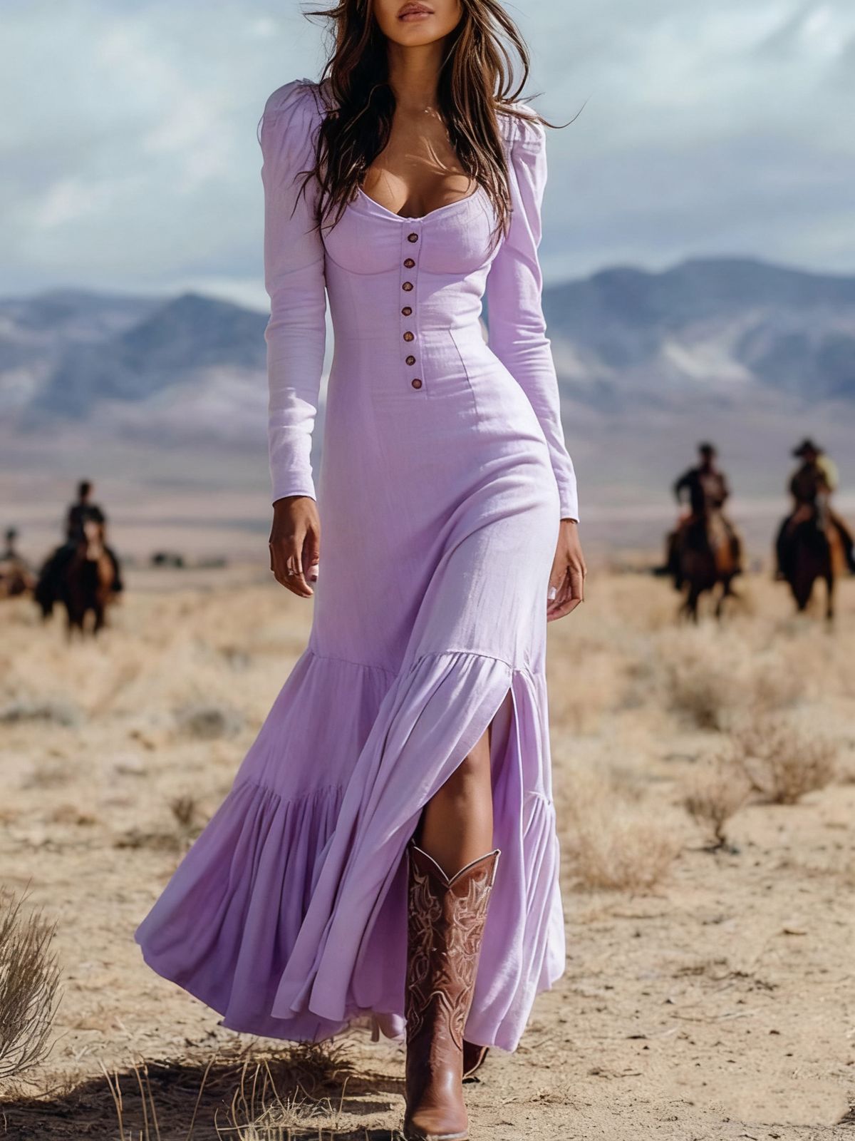 Retro Western Style Button down Ruched Maxi Dress Long Sleeved Sexy Casual Long Dress for Women Suitable for Spring/Autumn Summer_ecoleips.com