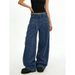 Women Retro Corduroy Cargo Pants Adjustable Waist Blue Wide Leg Casual Trousers For Autumn/Winter Trendy Style_ecoleips.com
