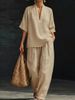 Women's Summer Casual Fashion Linen Two Piece Set V Neck Short Sleeved Wide Leg Pants European American Style Cross Border E Commerce 2026 New_ecoleips.com