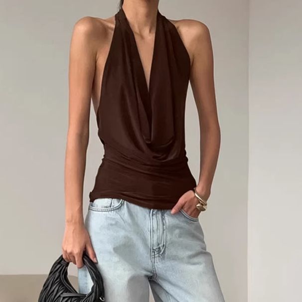 French-style Commuter Brown Halter Neck Draped Tank For Women 2026 Spring/Summer Designer Knit Backless Swing Collar Top_ecoleips.com