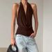 French-style Commuter Brown Halter Neck Draped Tank For Women 2026 Spring/Summer Designer Knit Backless Swing Collar Top_ecoleips.com