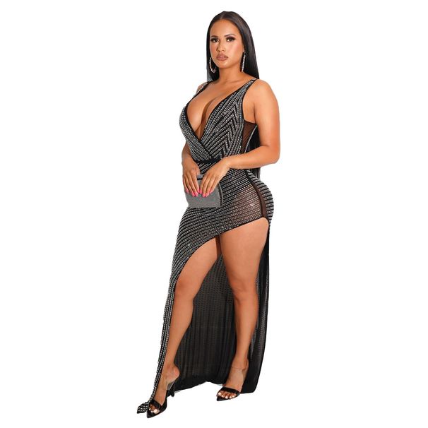 Women's Clothing sexy v neck see through slim fit hot diamond dress_ecoleips.com