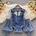 Women's Clothing Three Dimensional Flower Collage See Through Mesh Lantern Sleeve Slim Short Top Women's Lace Bottoming Shirt_ecoleips.com