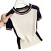 Women's Fashionable Round Neck Color Blocked Short Sleeve Knit T-Shirt Slimming And Flattering Youthful New Summer Style_ecoleips.com