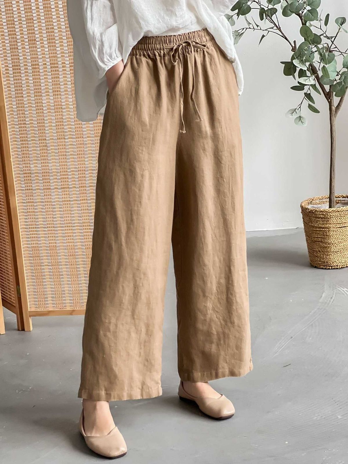 Suitable For All Seasons Wide-Leg 2025 Summer New Fashion Versatile Solid Color Linen Elastic Waist Drawstring Casual Pants For Women_ecoleips.com