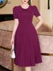 ZANZEA Short Sleeve Korean Fashion Party Dress Elegant Solid Waist-Cinched Pleated A-line Robes Women O Neck Knee-length Dress_ecoleips.com