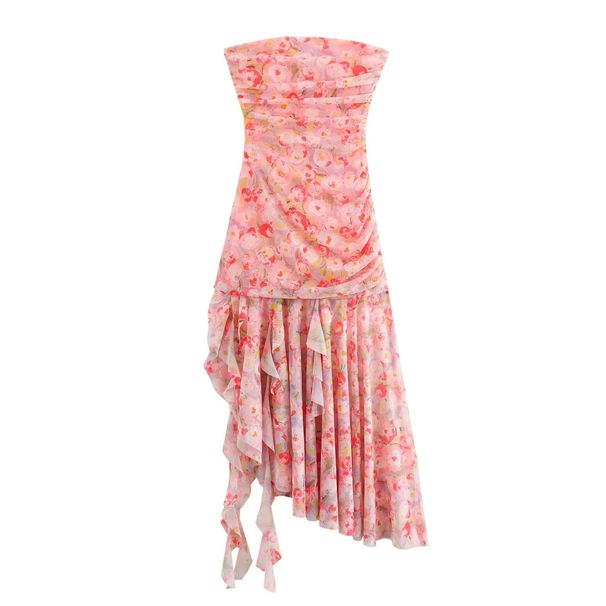 Women's Clothing Sexy Tube Top Collar Printed Silk Mesh Irregular Dress Female_ecoleips.com