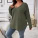 Women's Plus Size V-Neck Long Sleeve T-Shirt - Soft Brushed Striped Casual Top, Loose Fit Pullover For Autumn & Winter_ecoleips.com