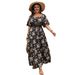 Women's Clothing Retro Square Neck Print Large Size Short Sleeve Dress_ecoleips.com