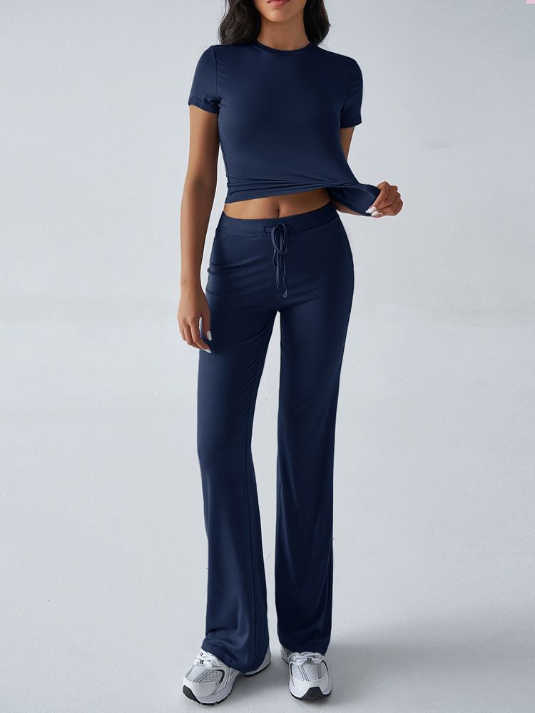 Women's Spring/Summer Casual Fashion Suit Solid Color Round Neck Short Sleeve Top And Pants American Style Clothing Set_ecoleips.com