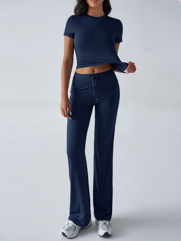 Women's Spring/Summer Casual Fashion Suit Solid Color Round Neck Short Sleeve Top And Pants American Style Clothing Set_ecoleips.com