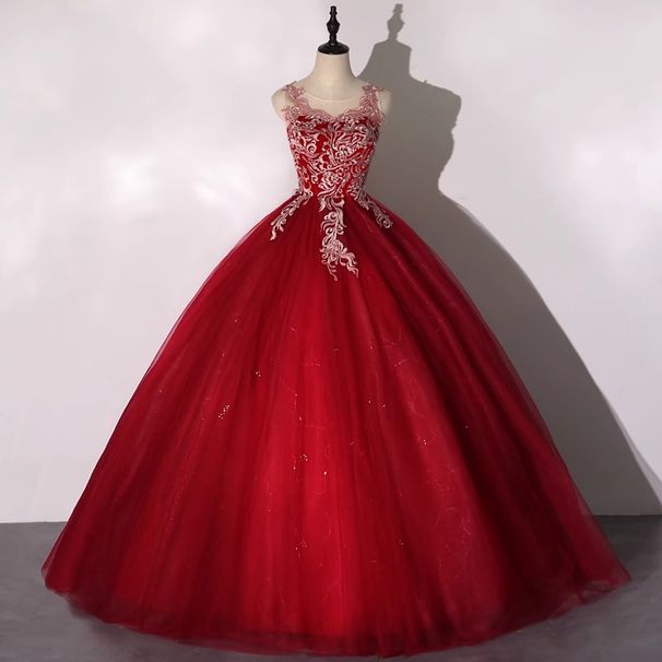 Women's Clothing Wedding Dress Off-Shoulder Wine Red Ball Gown – Elegant Performance Dress For Soprano, Host & Wedding (XS-XXXL, 3D Floral Lace)_ecoleips.com