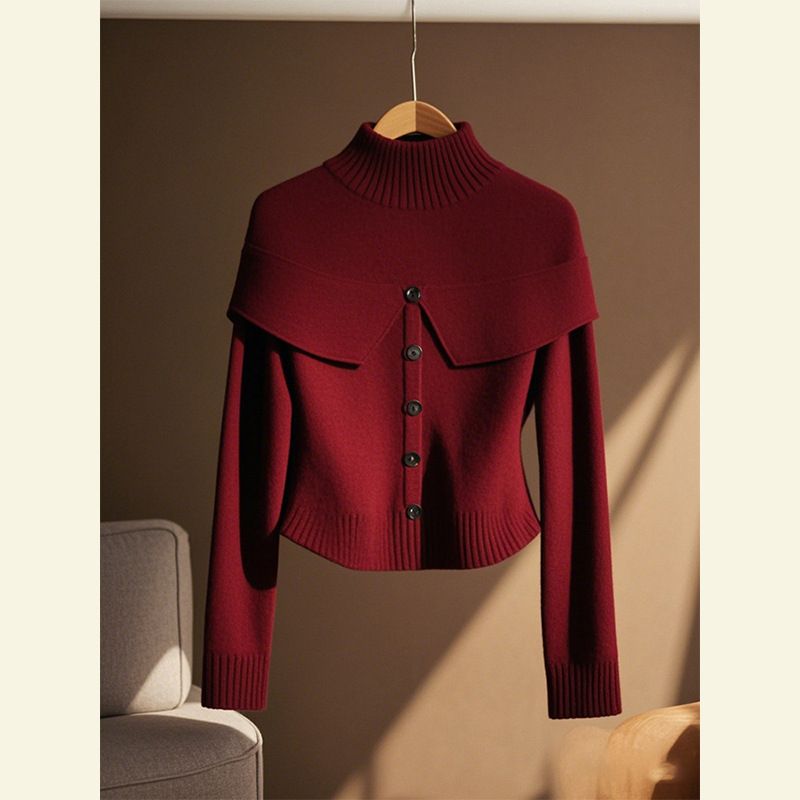 Women’s Clothing Ankola red outfit soft and glutinous retro vintage red high collar two piece long sleeved knitted sweater coat autumn_ecoleips.com