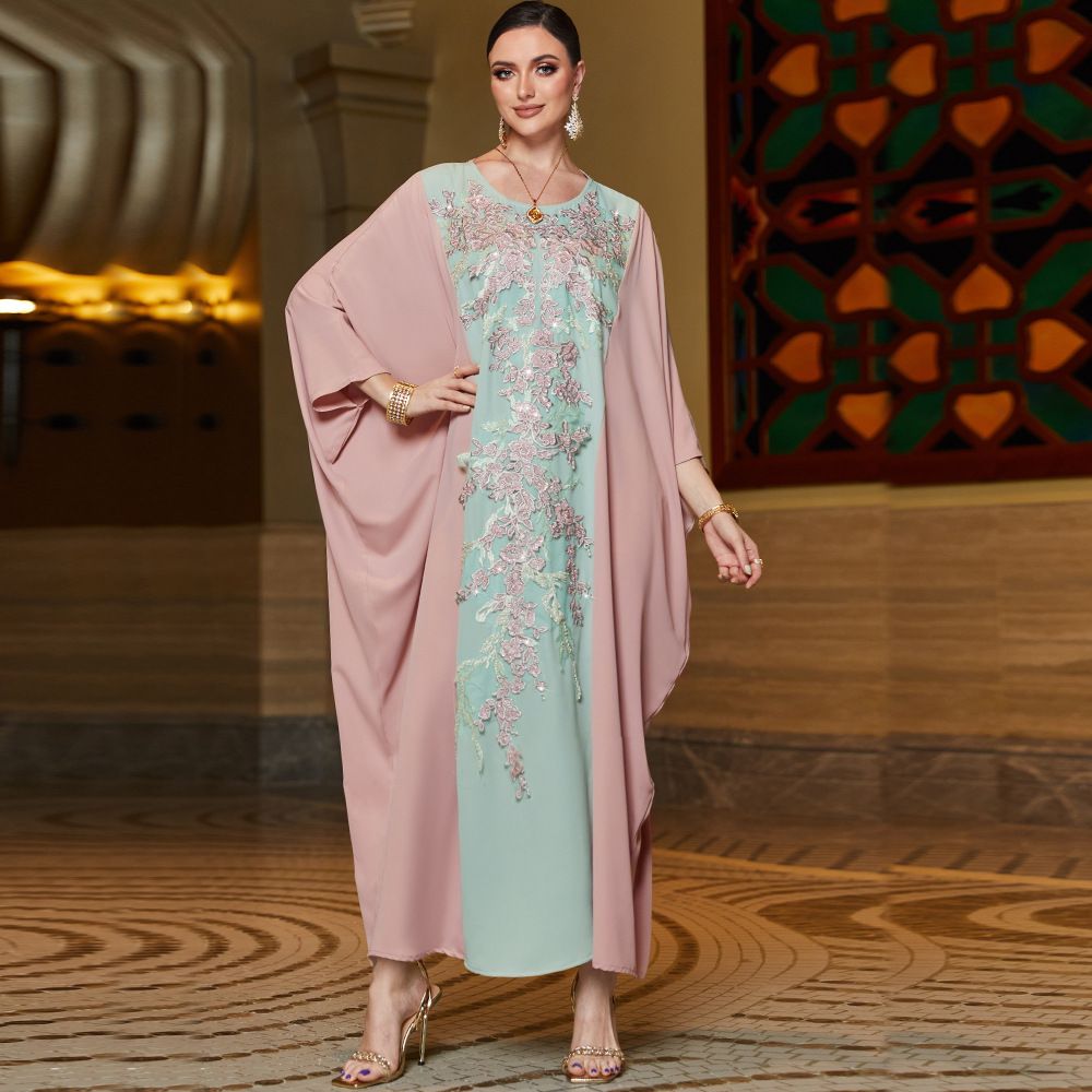 Pink & Green Beaded Embroidered Cape Batwing Tunic - Boho Chic Maxi Dress With Floral Detailing (One Size Fits Most)_ecoleips.com