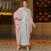 Pink & Green Beaded Embroidered Cape Batwing Tunic - Boho Chic Maxi Dress With Floral Detailing (One Size Fits Most)_ecoleips.com