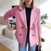 Women's Clothing Blazer Style Casual Wool Blend Coat - Slim Fit Double Breasted Jacket With Notch Lapel, Long Sleeve Office Wear (Khaki, Dark Brown)_ecoleips.com