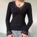 Cross-Border Foreign Trade New Hot Girl V-Neck Lace Spliced T-Shirt Women Autumn Slim Low Neck Inner Wear Base Shirt_ecoleips.com
