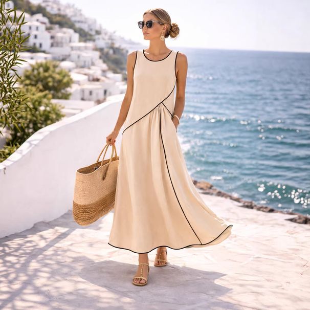 2026 European And American Summer New Women's Mediterranean Vacation Style Dress, Women's Contrasting Color Wrapped A-line Skirt_ecoleips.com