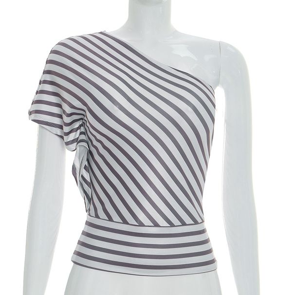 Women's Off-Shoulder Asymmetrical Striped Top European American Style Spring Summer Commuter Fashion J26TP083_ecoleips.com