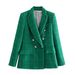 European American Women's Fashion Spring And Autumn Double-Breasted Tweed Plaid Blazer Retro Long Sleeve Poc Suit_ecoleips.com