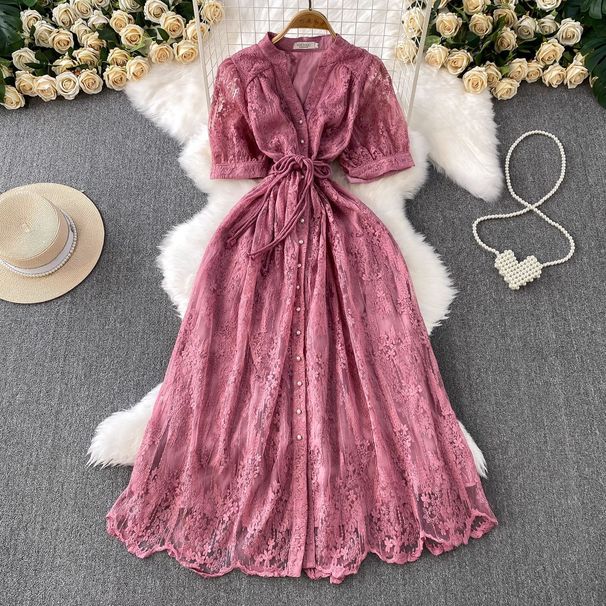 Elegant Women's French Style Dress Tie Waist Single-Breasted Embroidered Mesh Long Summer Fashion 2025_ecoleips.com