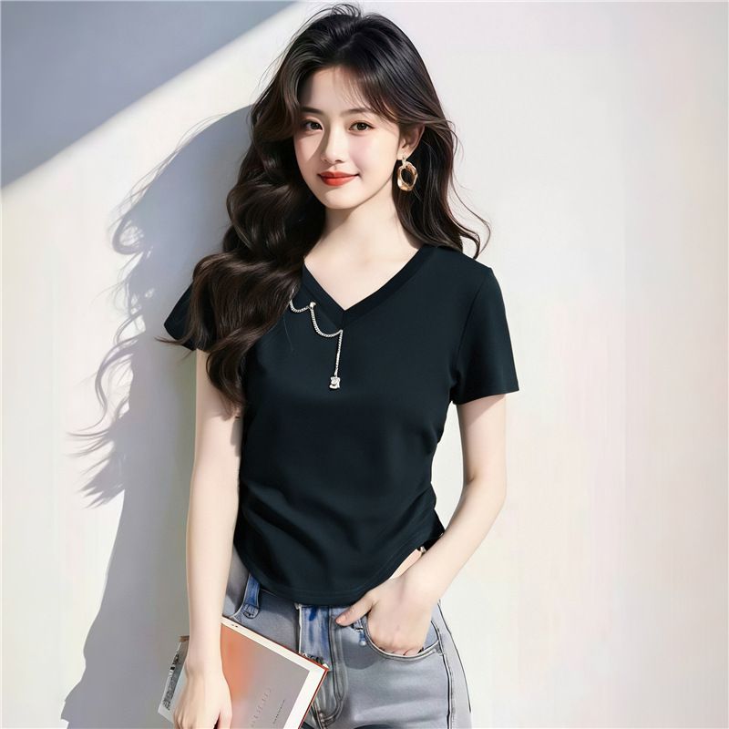 Women's Clothing Chic Chain V Neck Short Sleeved T-Shirt For Women Designed Slimming Pleated Waist Cinching Summer Style Base Layer Top_ecoleips.com