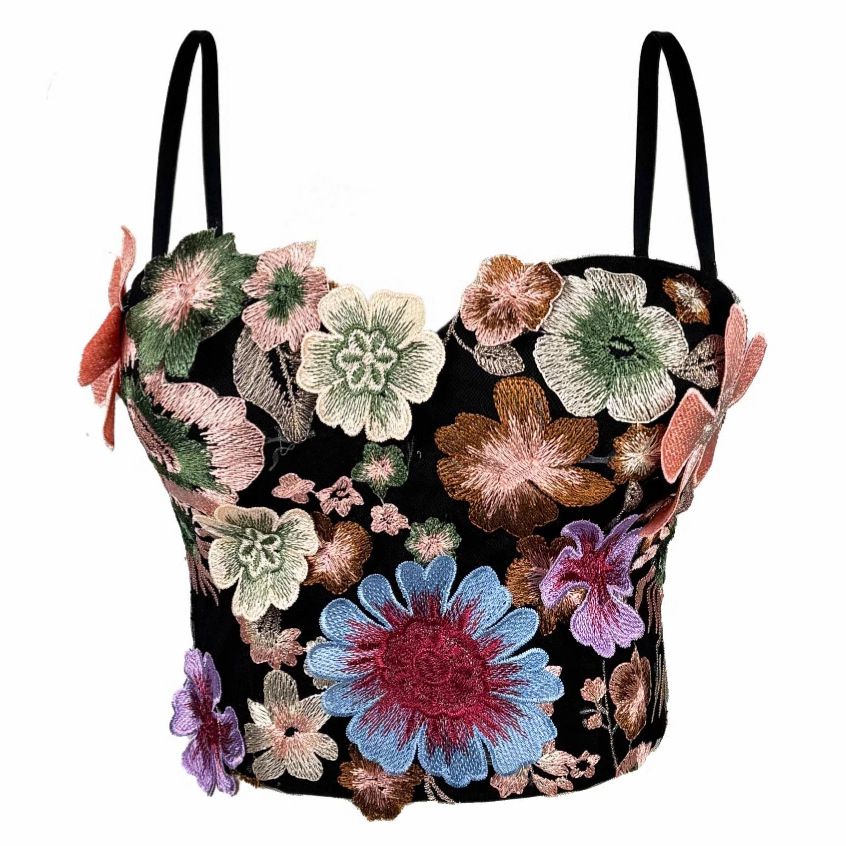 Women's Clothing Retro Embroidered Flower Tube Top High End Camisole With Chest Pads Breathable Versatile Herringbone Bra_ecoleips.com