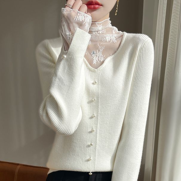 Aria Basics Aria Basics European American Style 2025 Spring Autumn Women's Lace Patchwork Sweater With Stacked Collar, Fashionable And Versatile_ecoleips.com